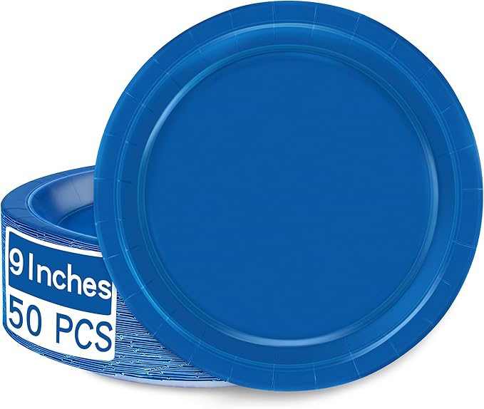 QZYL 50 PCS Disposable Plates, 9 Inches Dark Blue Heavy Duty Round Set for Daily Use, Picnic, Anniversary, Birthday, Passover Party Supplies