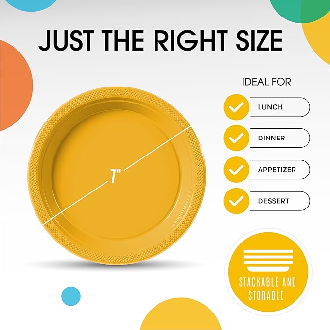 Exquisite Party Solids Yellow Plastic Plates For Party Supplies 7" Yellow Disposable Plates Heavy Duty 50 Pcs Plastic Dinnerware Sets Heavy Duty 350 GSM Disposable Dinnerware Set