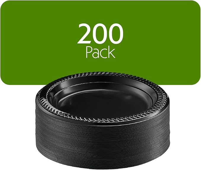 PLASTICPRO 200 PCS Black Plastic Plates Light Weight 6 Inch Plastic Dessert Plates Black Plates Disposable for Party and Wedding