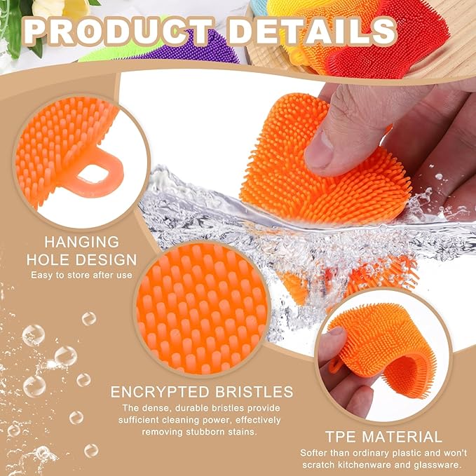 uxcell Silicone Dish Scrubber, 3 Pack Reusable Dishes Sponges Silicone Sponges Double Design for Kitchen Bathroom Cleaning Gadgets Accessories Countertop Cookware Pots Pans, Orange