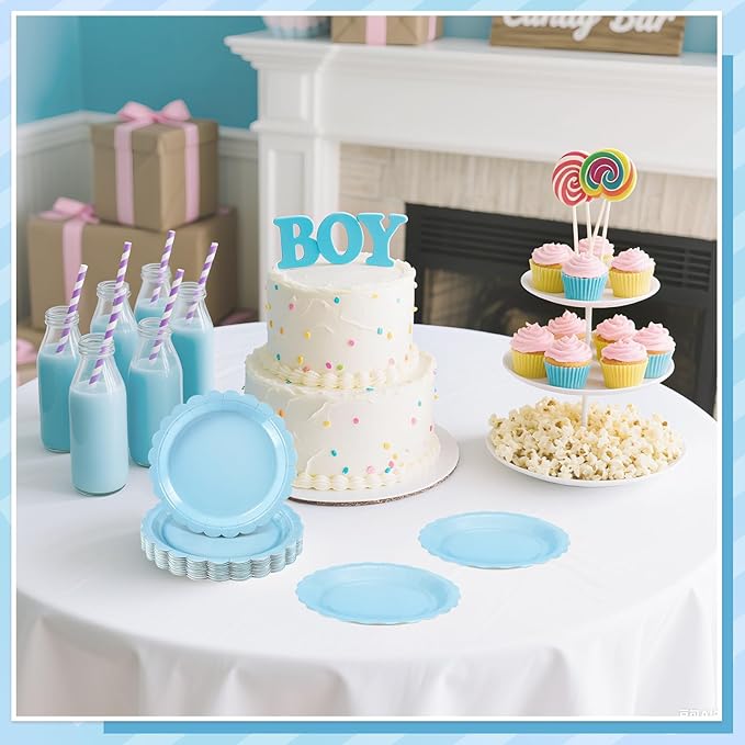 NatNarr 30 Pcs Dessert Plates Disposable, 7 Inch Light Blue Cake Plates Scalloped Small Appetizer Birthday Plate Cute Baby Blue Paper Plate for Boy Baby Shower, Birthday, Wedding