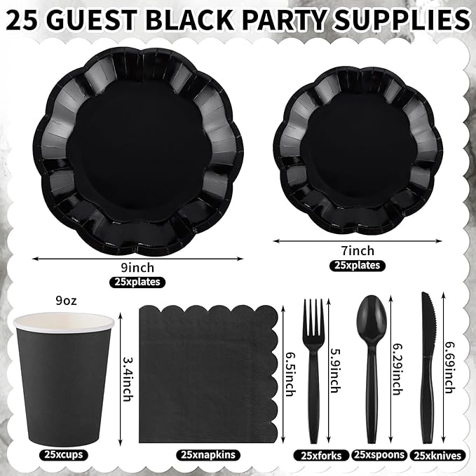 175 Pcs Black Plates and Napkins Set, 25 Guest Black Party Supplies Include 9" Dinner Plates and 7" Dessert Plate Paper Napkins Cup Disposable Plastic Cutlery for Wedding Birthday Graduation Party