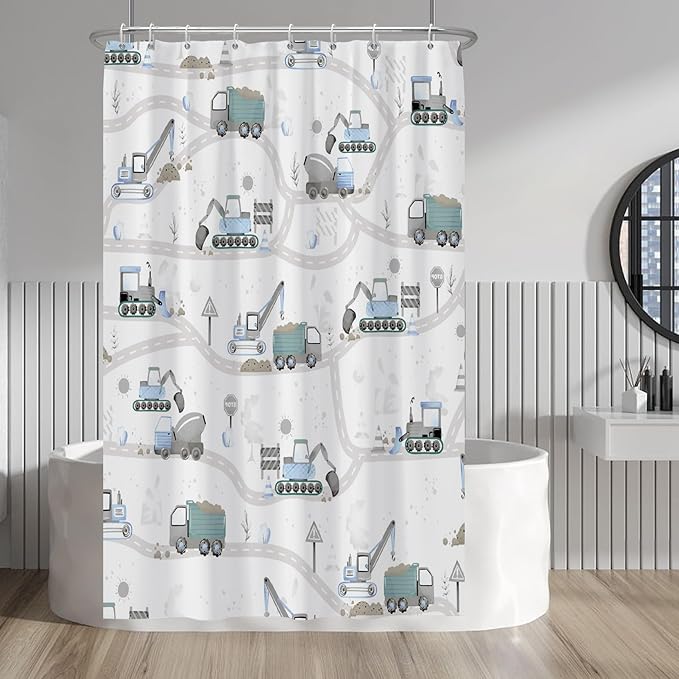 Excavator Kids Shower Curtain Sets Cartoon Construction Truck Tractor Car Bathroom Decor Fabric Polyester Waterproof 48x72 Inches with 8 Hooks for Boys Machinery Vehicle Bath Curtains