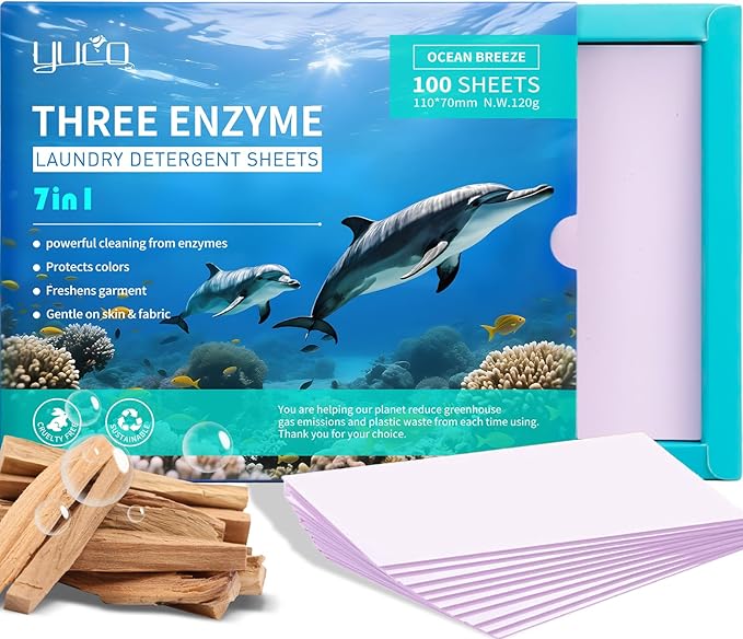 YUCO Eco-Friendly Travel Laundry Detergent Sheets - Liquidless Laundry Sheets Detergent for Travel No Plastic & Hypoallergenic (Ocean Amberwood)
