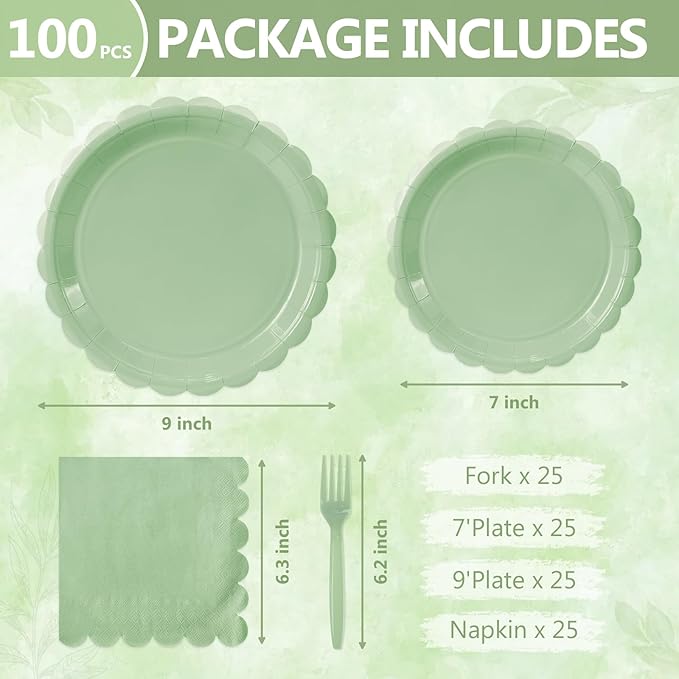 Mulbozy 100 Sage Green Paper Plates and Napkins Disposable Set Includes 25-9" & 25-7" Dessert Cake Scalloped Plates, Cocktail Napkins, Forks for for Holiday Party Supplies