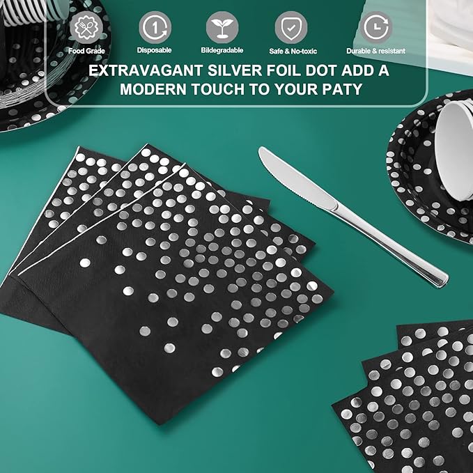 168Pcs Black and Silver Party Decorations, Black Plates and Cups and Napkins Sets Severs 24, Birthday Decorations for Prom Graduation Birthday Happy New Year Party