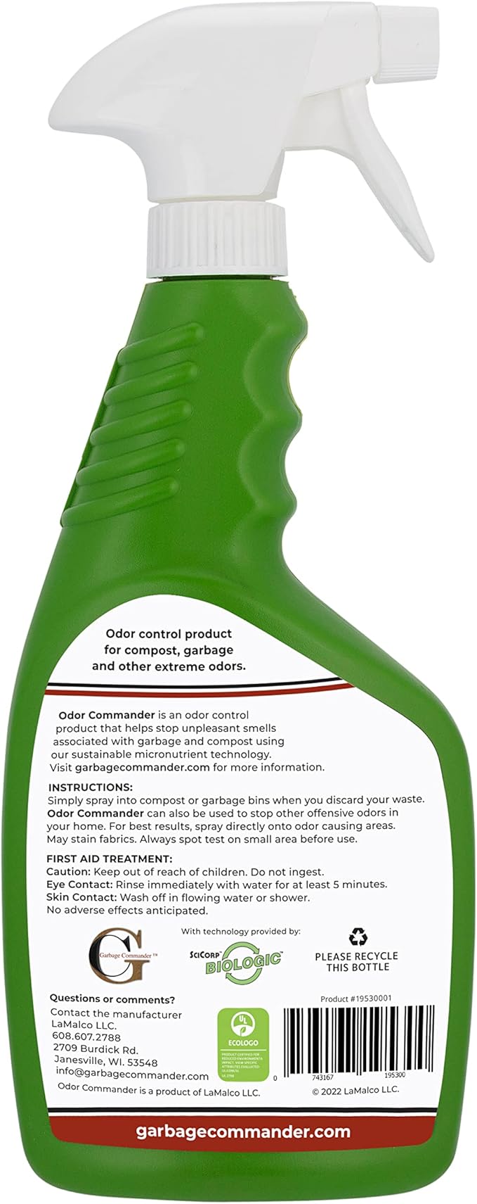 Garbage Commander Odor Commander, Odor Control Spray Bottle, 22 Ounce, Lemongrass Scent -Proudly Made in Canada