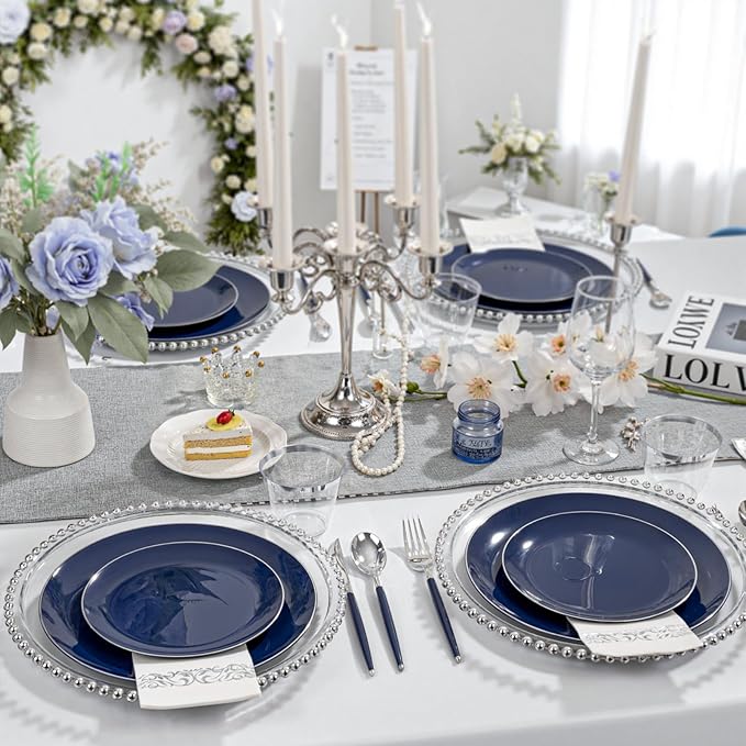 KIRE 175Pcs Blue Plastic Plates with Silver Rim & Disposable Silverware with Blue Handle & Silver-rim Cups & Hand Napkin & Plastic Dinnerware for Parties/Wedding/Graduation/Memorial Day/Father's Day