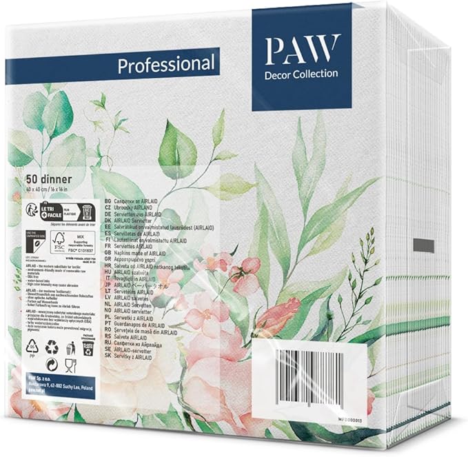 PAW - 50 Pieces Linen-Feel Paper Paper Napkins 16" x 16", Disposable Cloth-Like Napkins with Floral Design, Dinner Napkins for Party, Wedding, Barbecue, Picnic