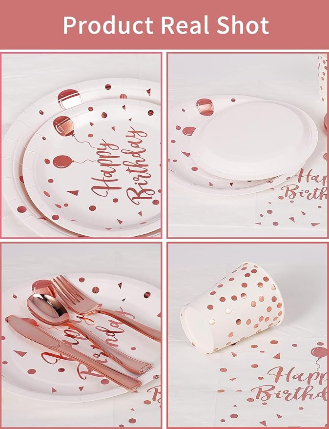 Nkaiso Birthday Party Tableware, 161 Pieces Rosegold Party Supplies, Party Dinnerware Sets Include Paper Plates Napkins Cups Silverware, for Shower Engagement Parties Decoration -20 Serves