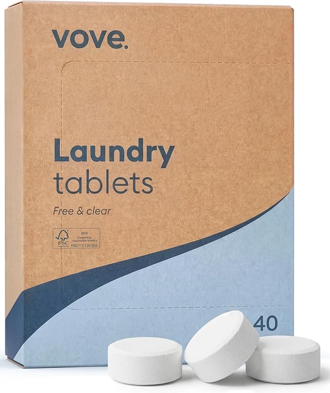 Vove Laundry Detergent Tablets, 40 Loads - Plastic-Free, PVA-Free, Zero Microplastics - Enzyme-Powered Stain Removal - Plant-Based, Fragrance-Free, Works in Cold Water, FSC-Certified Packaging