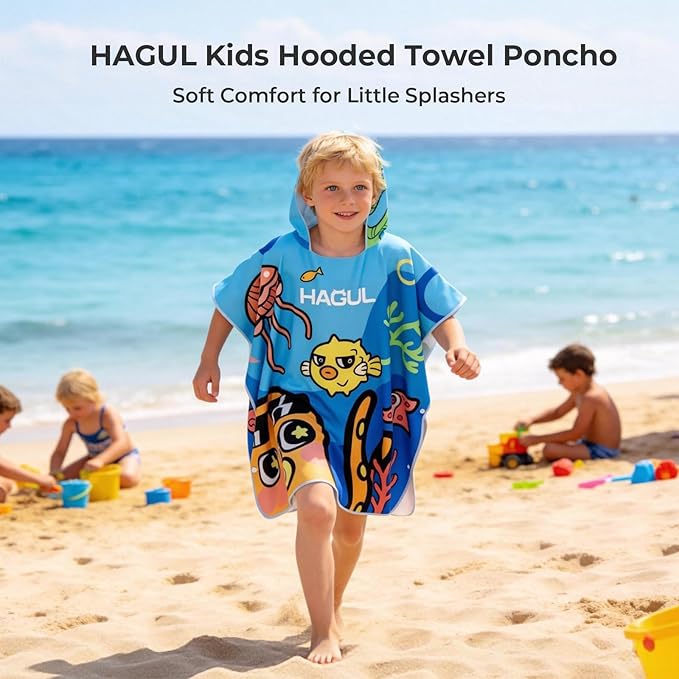 Kids Hooded Beach Poncho, 66×70cm, Soft & Quick-Dry with Fun Ocean Prints, Lightweight Swim Towel for Pool, Beach & Water Park (Ages5–9) (Blue, Small)