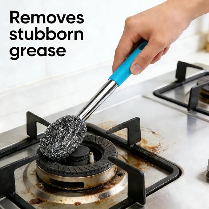 2PCS Steel Wool Scrubber with Handle Rustproof, Cast Iron Scrubber, Stubborn Messes Pot Brush, Remove Dirt for Cleaning Stoves,Sinks Dishes Grills Bowls & Metal Wire Sponge for Kitchens,Bathroom