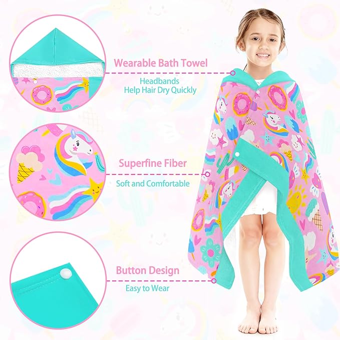 Hooded Towels for Kids - Superfine Fiber Unicorn Toddler Hood Bath Towels Beach Hooded Poncho Absorbent Pool Toddler Swim Bath Wrap for Boys & Girls 3-10 Years Beach Essentials, 50*30 inches