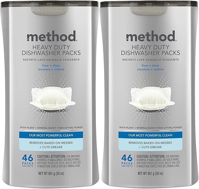 Method Dishwasher Detergent Packs, Heavy Duty, Fragrance Free + Clear, Dishwashing Rinse Aid to Lift Tough Grease and Stains, 46 Dishwasher Tabs per Package, (Pack of 2)