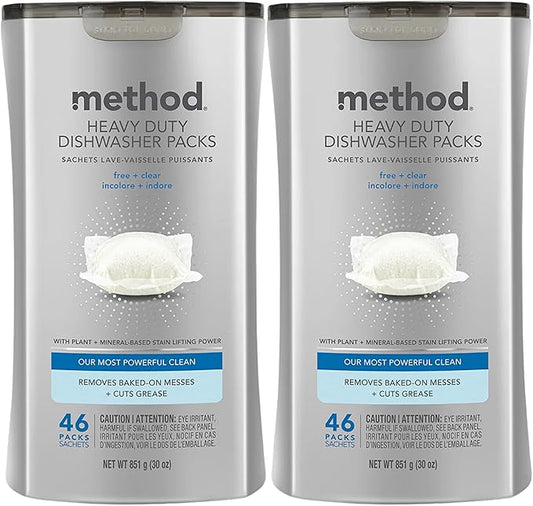 Method Dishwasher Detergent Packs, Heavy Duty, Fragrance Free + Clear, Dishwashing Rinse Aid to Lift Tough Grease and Stains, 46 Dishwasher Tabs per Package, (Pack of 2)