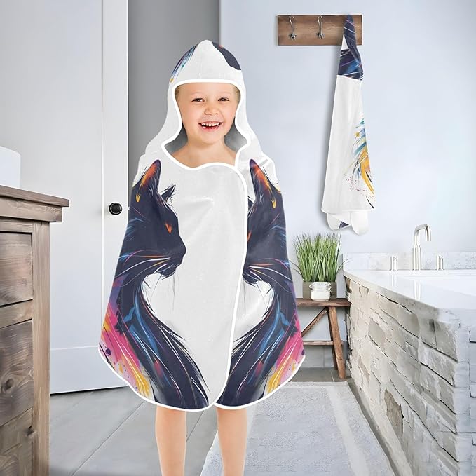 Hooded Towel for Kids Watercolor Colored Cat Beach Wrap Bath Towels 50x23.5in