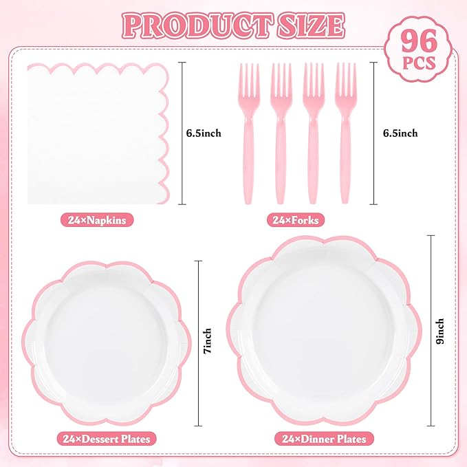 96 Pcs Pink and White Paper Plates and Napkins Set, Tableware set for 24 Guest include White Dessert Plates with Pink Scalloped Edge, Napkins and Forks for Baby Girl Shower, Bridal Shower, Wedding