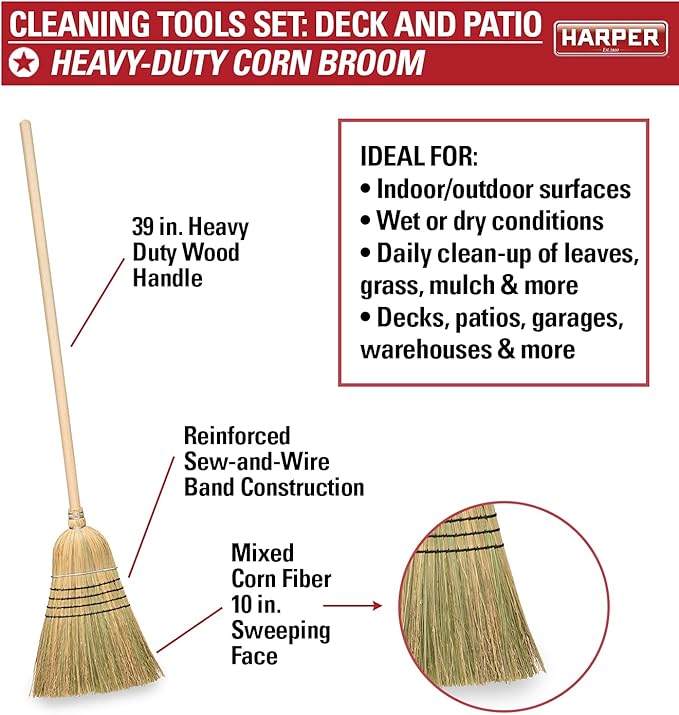 Harper 37518100 Deck/Patio Cleaning Set with 60 in. Handle Deck Brush, Heavy Duty Corn Broom, Scrubbing Brush and Long Reach Scrubbing Brush