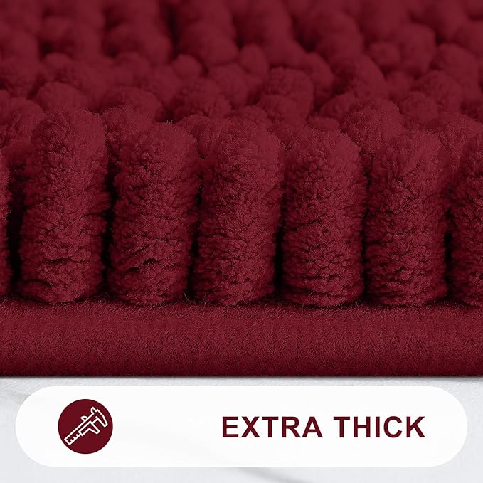 Grandaily Chenille Striped Bathroom Rugs 47x20, Extra Thick and Absorbent Bath Mats, Non-Slip Soft Plush Shaggy Shower Carpet, Machine Wash Dry, Bath Rug for Bathroom, Burgundy
