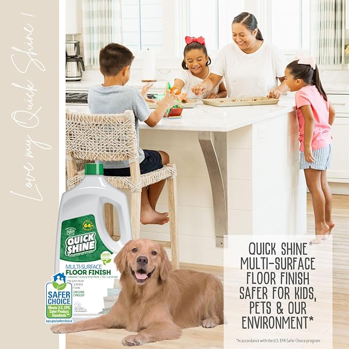 Quick Shine Multi-Surface Floor Finish-Polish 64oz-4pk | Safer Choice, No PFAS, pH Neutral Clean Shine Technology | Squirt & Spread | For Wood, Laminate, LVP, LVT, Tile & Stone | Made in USA