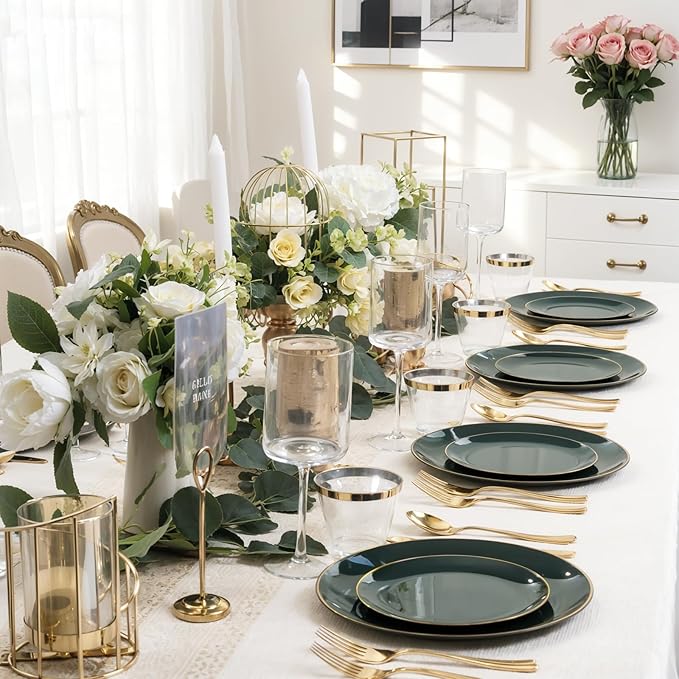 WDF 150Pcs Green Plastic Plates - Green Plates Disposable with Gold Rim - 25Guest Disposable Dinnerware Include 50 Plastic Plate 75 Gold Cutlery 25 9oz Cups for Wedding/Party/Birthday