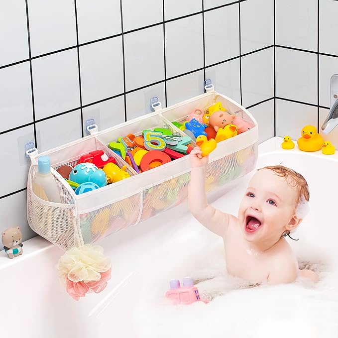 Austion Original 3 Compartment Horizontal Large Openings Bath Toy Organizer for Tub, Capacity Upgrade Bath Toy Storage and Holder, Bathtub Toy Holder for Easy Access and Sorting of Toys.