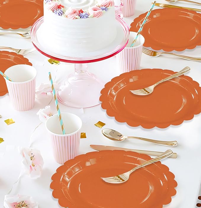 HEIPINIUYE 25 Pieces Orange Paper Plates 7 Inch Fall Orange Scalloped Plates Disposable Dinner Plates for Wedding Baby Shower Birthday Thanksgiving Party Dessert Plates