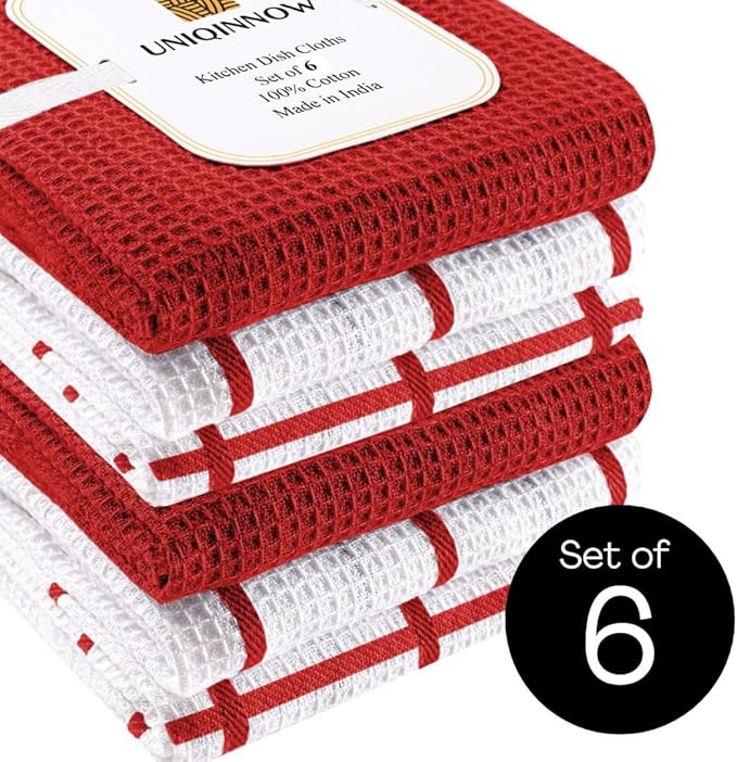 Assorted Waffle Kitchen Dish Towels Cotton Set of 6, Soft Absorbent Quick Drying Table and Kitchen Linen, Tea Towels and Cleaning Towels with Hanging Loop, Dish Towels 15x25 Red