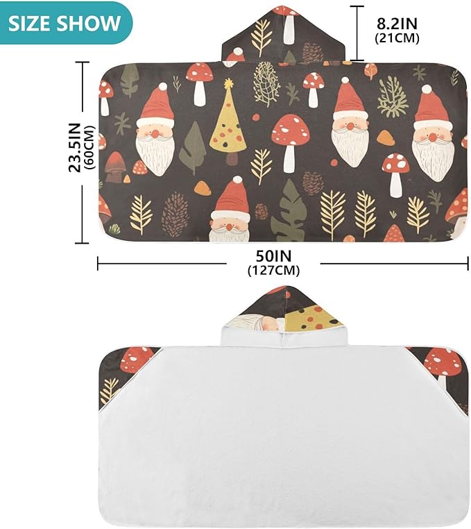 Beach Towels for Kids Cartoon Cute Gnome Mushroom Black Hooded Beach Towel for Girl Boy Lightweight Toddler Bath Towels