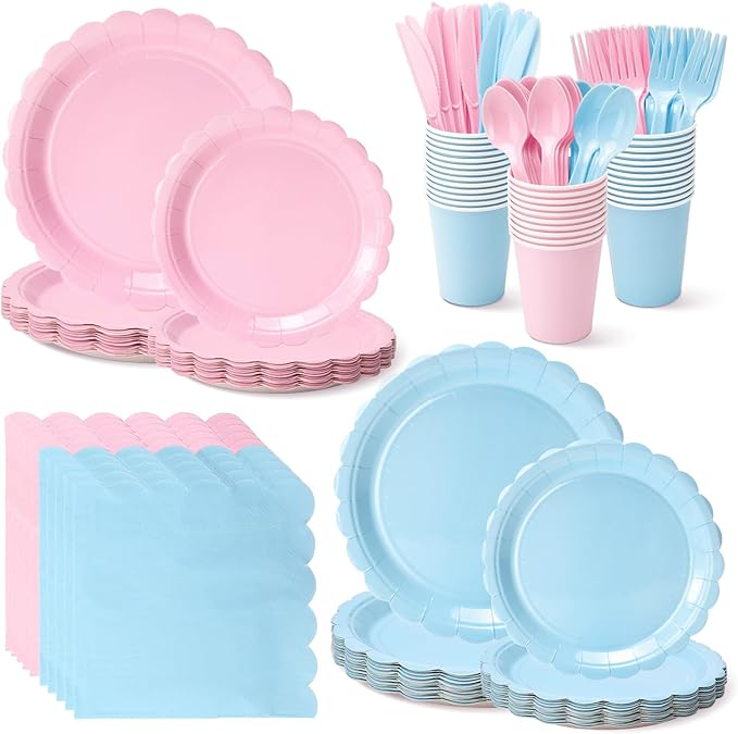 Vyntra 350 Pcs Pink and Blue for Gender Reveal Disposable Party Paper Plates and Napkins Set for 50, 9" Dinner Plates & 7" Dessert Plates, Tableware for Baby Shower, Birthday