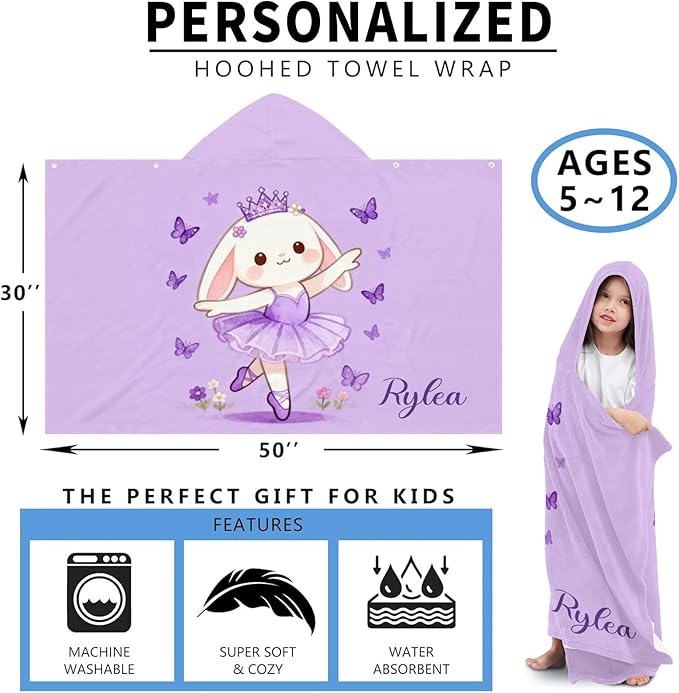 Ballet Rabbit Crown Personalized Hooded Towel Absorbent Wrap Soft Pool Beach Bath Towels Hood Poncho for 5-12 Years Kids Boys Girls