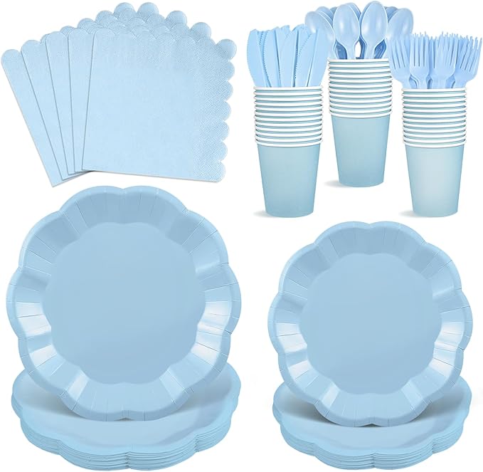 NatNarr 175 Pcs Light Blue Plates and Napkins Set, 25 Guest Blue Party Supplies Include Scalloped Plates Napkin Cup Forks Knives Disposable Plastic Cutlery for Wedding Boy Baby Shower Birthday