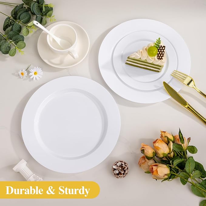 Goodluck 200PCS White Plastic Plates, Heavy Duty Disposable Plates with 100 10.25 inch Dinner Plates and 100 7.5 inch Dessert Plates for Party, Holiday, Wedding