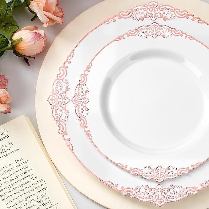 Bestluck 175PCS Rose Gold Plastic Plates for 25 Guests, Disposable Dinnerware Sets Include 50 Rose Gold Rim Plastic Plates, 25 Silverwares and 25 Cups, 25 Pre Rolled Napkins for Party, Graduation
