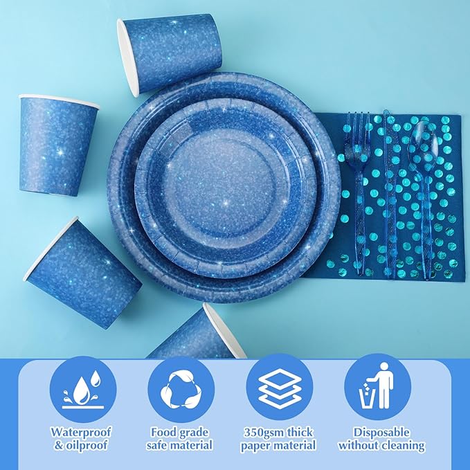Hushee 175 Pcs Dark Blue Holographic Print Party Supplies Guests Disposable Dinnerware Set Include Paper Plates, Napkins, Cups, Plastic Cutlery for Wedding Birthday Disco Bachelorette