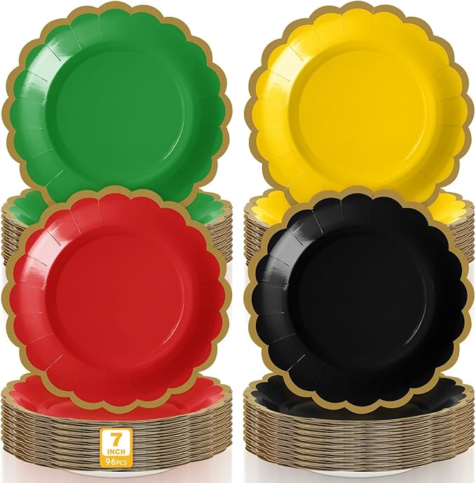 96 Pcs Red Green Yellow Black Paper Plates 7 Inch Scalloped Juneteenth African American Festival Disposable Dessert Plates for Black History Month Bridal Wedding Birthday Party Supplies