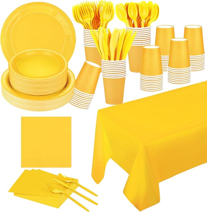 229PCS Yellow Party Supplies Set Paper Disposable Plates Cups Plastic Spoons Forks Knives Yellow Napkins for 30 Guests Disposable Party Dinnerware Sets for Wedding Birthday Parties