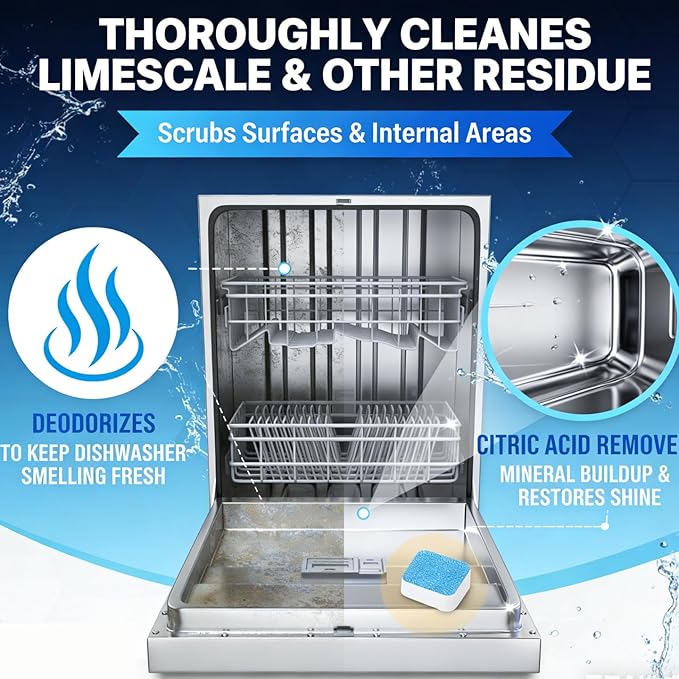 Heavy Duty Dishwasher Cleaner & Deodorizer Tablets, Descaler, Deep Cleaning, Natural Odor & Smell Remover, Calcium, Limescale, Hard Water Marks, Grease, Septic Safe Pods (12 Tabs 1 Yr Supply)