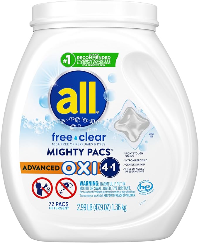 all Unit Dose Laundry Detergent, Mighty Pacs, Free Clear, OXI, 72 Count