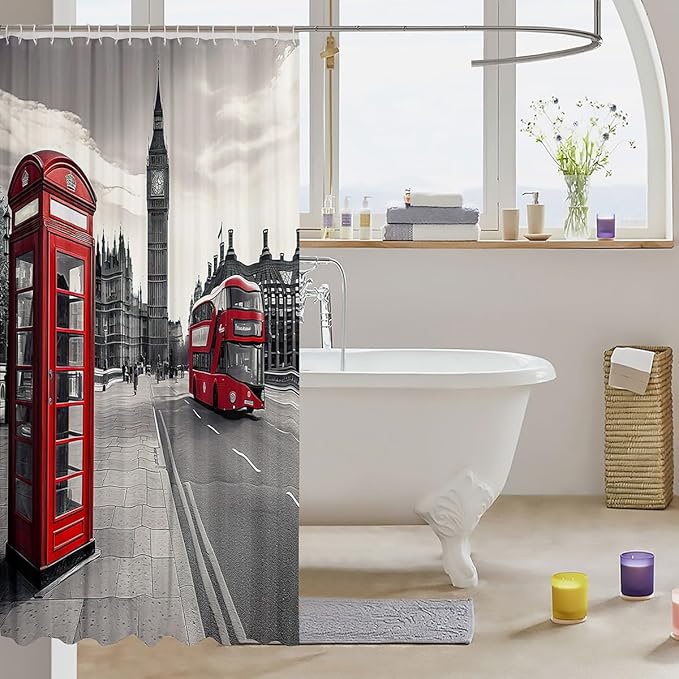 Famous Telephone Booth Bathroom Shower Curtain London Waterproof Kids Boys Girls The Big Ben Symbols Shower Curtain Accessories with Hooks UK Vintage Decor,72x78 Inches