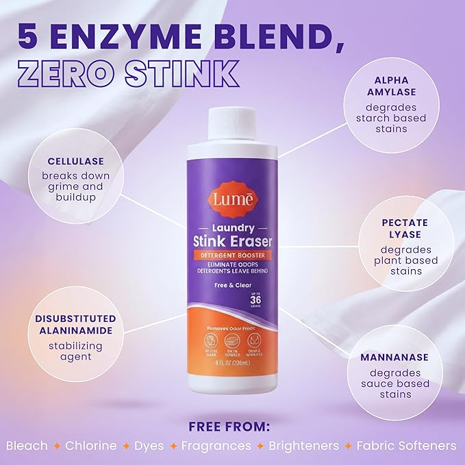 Lume Laundry Stink & Stain Eraser - Detergent Booster & Sink Soak - Eliminates Body Odor In Clothes - Odor Blasting Enzyme Blend - Make Your Detergent Work Better - Free & Clear - 8 fl oz (2 Pack)