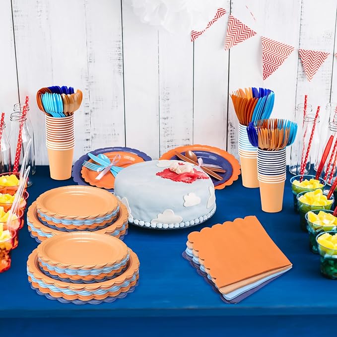Ziliny 350 Pcs Blue Orange Plates and Napkins, 50 Guest Blue Dog Party Supplies Include Scalloped Paper Plates Napkins Cups Plastic Spoons Forks Knives Disposable Tableware Set for Dart Birthday Party