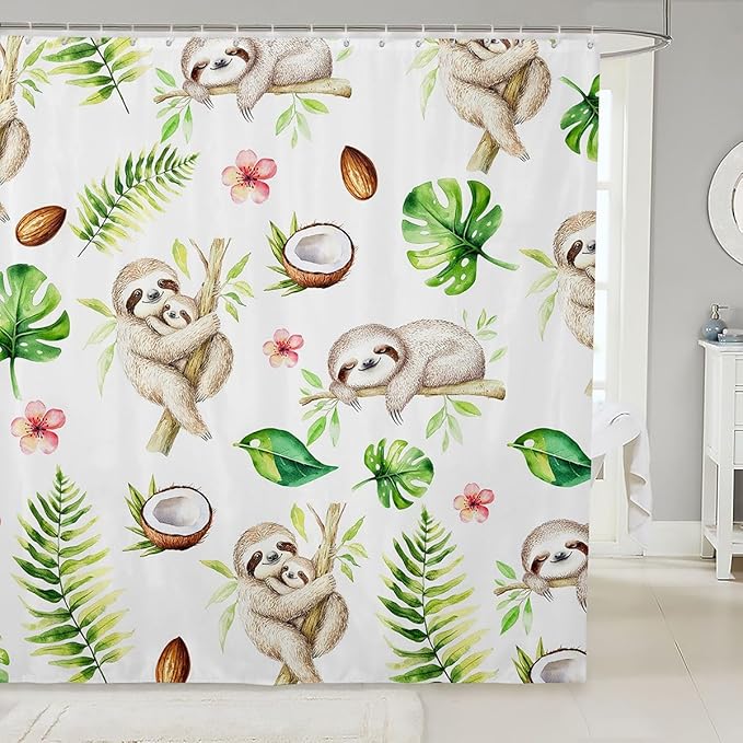 Cute Sloth Bathroom Shower Curtain Set Cartoon Baby Animals Sloth Shower Curtain for Stalls Bathtubs Tropical Palm Leaves Bath Curtain Exotic Nature Waterproof Bathroom Curtains Room Decor 72x72 Inch