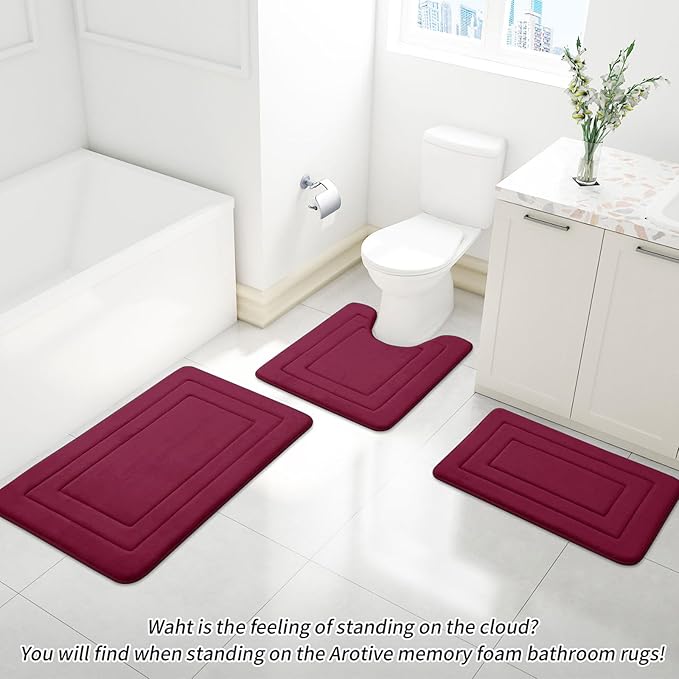 Arotive Memory Foam Bathroom Rug Mat 24x16, Ultra Soft and Absorbent Bath Mat, Machine Wash Dry, Comfortable Bath Rug Carpet for Bathroom Floor, Tub and Shower, Burgundy