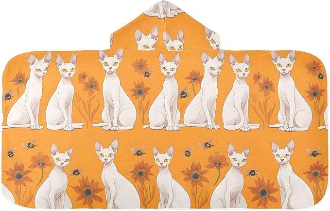 Kids Hooded Beach Towel Energetic Sphynx Cats Orange Hooded Beach Towel for Girl Boy Quick Dry Bath Towel with Hood