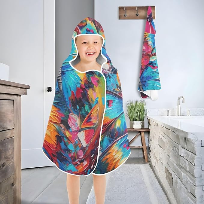 Hooded Towel for Kids Bright Color Butterflies Painting Beach Wrap Bath Towels 50x23.5in