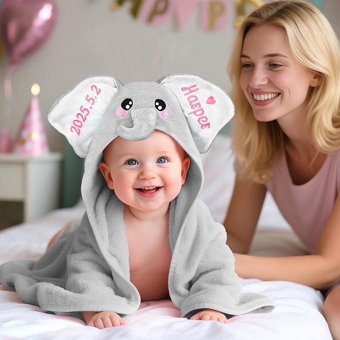 Baosity Custom Elephant Hooded Baby Towel with Name, Personalized Soft Absorbent Bath Towel, Shower Towels for Girls Boys, Easter Christmas Brithday for Kids Baby, Toddler, Newborn Essential