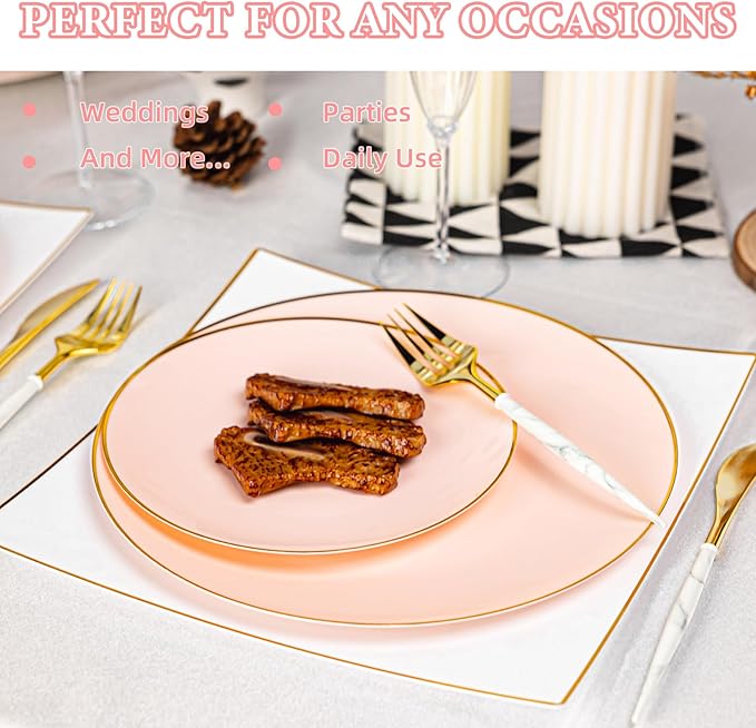 Lullaby 100PCS Pink and Gold Plastic Plates, Disposable Pink Plastic Plate with Gold Rim, 50PCS Dessert Plates 7" and 50PCS Dinner Plates 10", Perfect for Party Wedding and Daily Use
