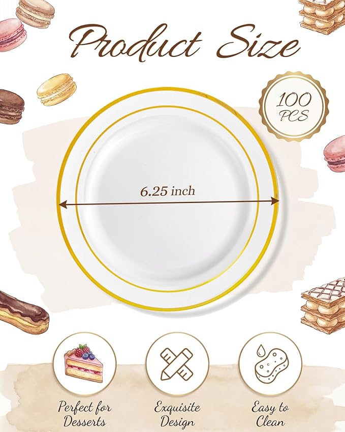bUCLA 100Pieces Gold Plastic Plates - 6.25inch White with Gold Rim Disposable Salad/Dessert/Appetizer/Small Cake Plates Premium Hard - Ideal for Wedding, Party